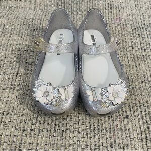 Mini Melissa MM Silver Glitter Flowers Butterfly BB Mary Jane Jelly Shoes Size 6